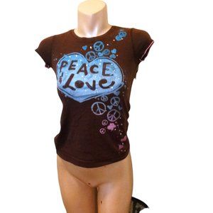OLD NAVY GIRLS BROWN/BLUE PEACE LOVE GRAPHIC SEQUENCE T SHIRT SIZE XL